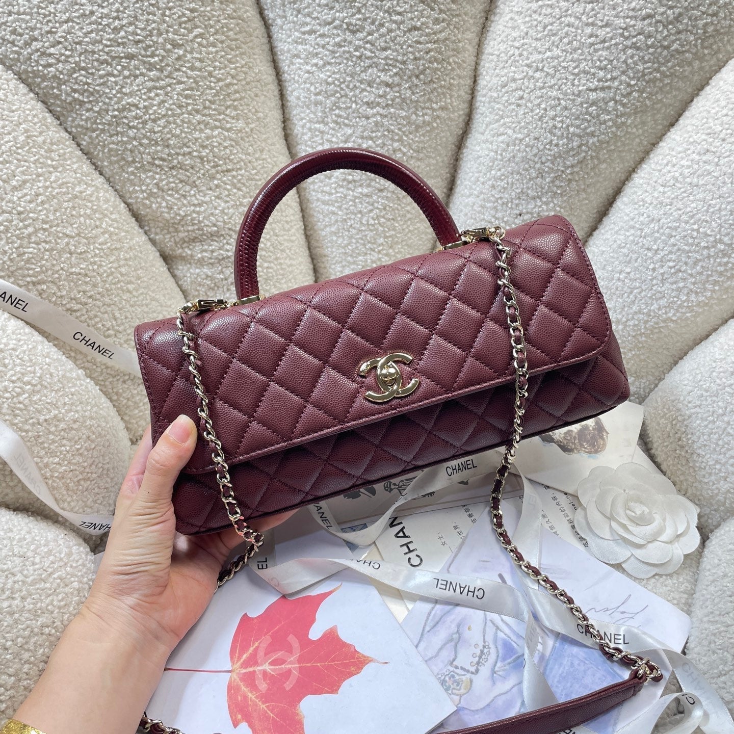 CHANEL 26S COCO HANDLE BAG 32 IN DARK RED CAVIAR CALFSKIN GOLD HARDWARE