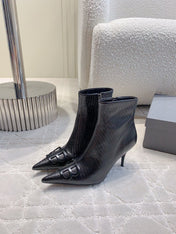 POINTED-TOE HIGH HEEL BOOTS IN BLACK LIZARD EMBOSSED CALFSKIN