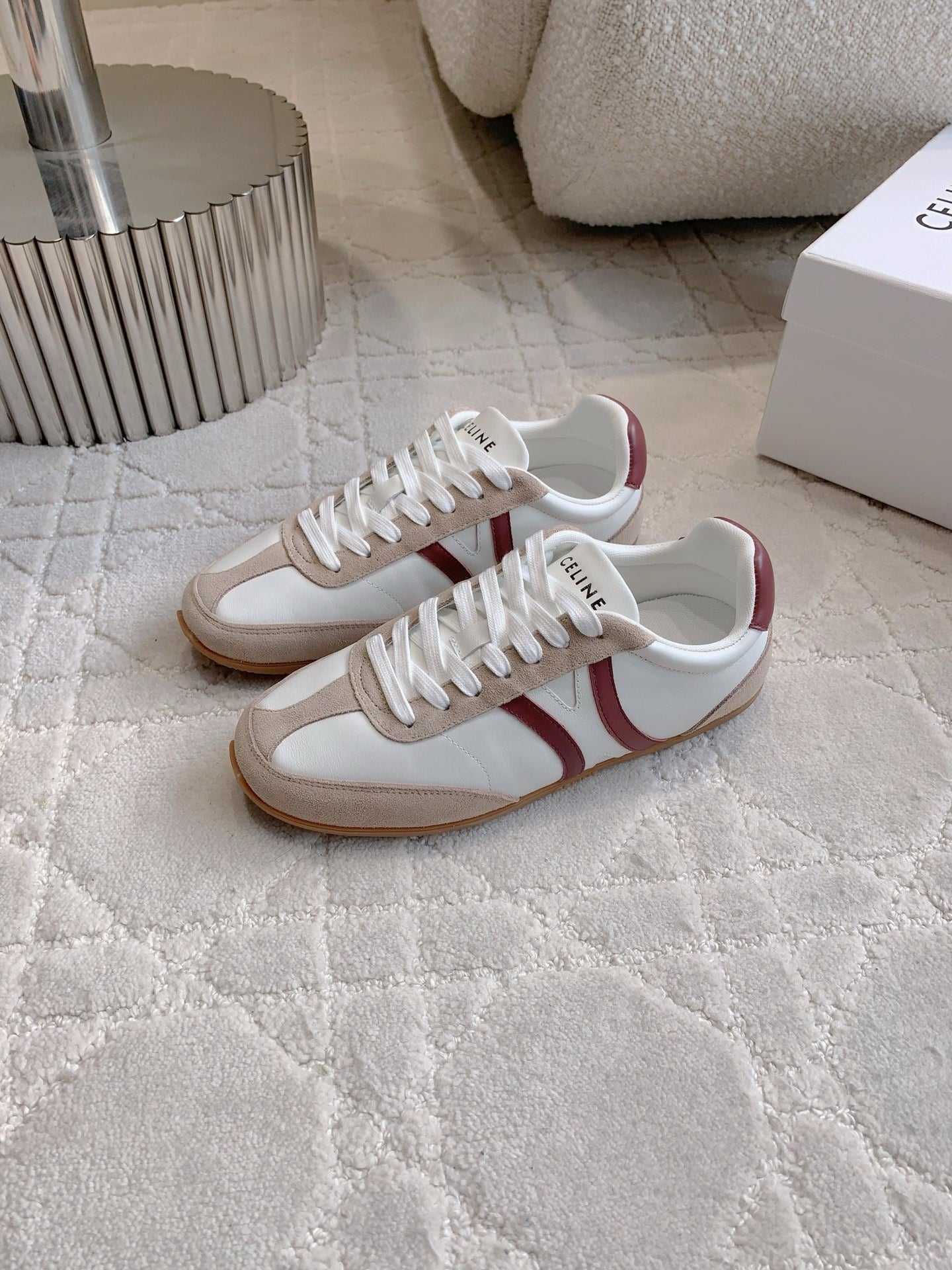 CELINE 25S JOGGER LOW LACE UP SNEAKER IN WHITE BEIGE RED CALFSKIN AND SUEDE