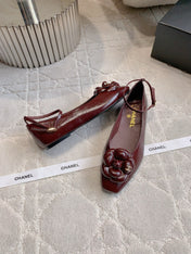 CHANEL 25S CAMELLIA SQUARE TOE FLATS IN ROSSO ANCORA CALFSKIN GOLD HARDWARE