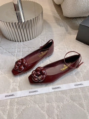 CHANEL 25S CAMELLIA SQUARE TOE FLATS IN ROSSO ANCORA CALFSKIN GOLD HARDWARE