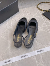 CHANEL 25S SLINGBACK IN SPARKLING BLACK CALFSKIN AND CANVAS GOLD HARDWARE