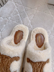 CELINE 26S MULES WITH LOGO IN LIGHT BEIGE AND BROWN WOOL