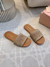 MIUMIU 26S SLIDE SANDALS IN LIGHT BROWN CALFSKIN AND WOOL