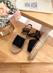 Loew Anagram Black Beige Leather And Canvas Espadrille Sandals