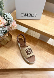 Loew Anagram Beige Brown Leather And Canvas Espadrille Sandals