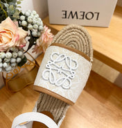 Loew Anagram White logo White Brown Leather And Canvas Espadrille Sandals