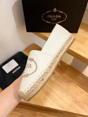 PRADA 26S EMBROIDERED LOGO ESPADRILLE FLATS IN WHITE CALFSKIN