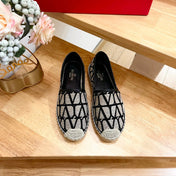 VALENTINO 26S SLIP ON SHOES IN BLACK AND BEIGE JACQUARD CANVAS