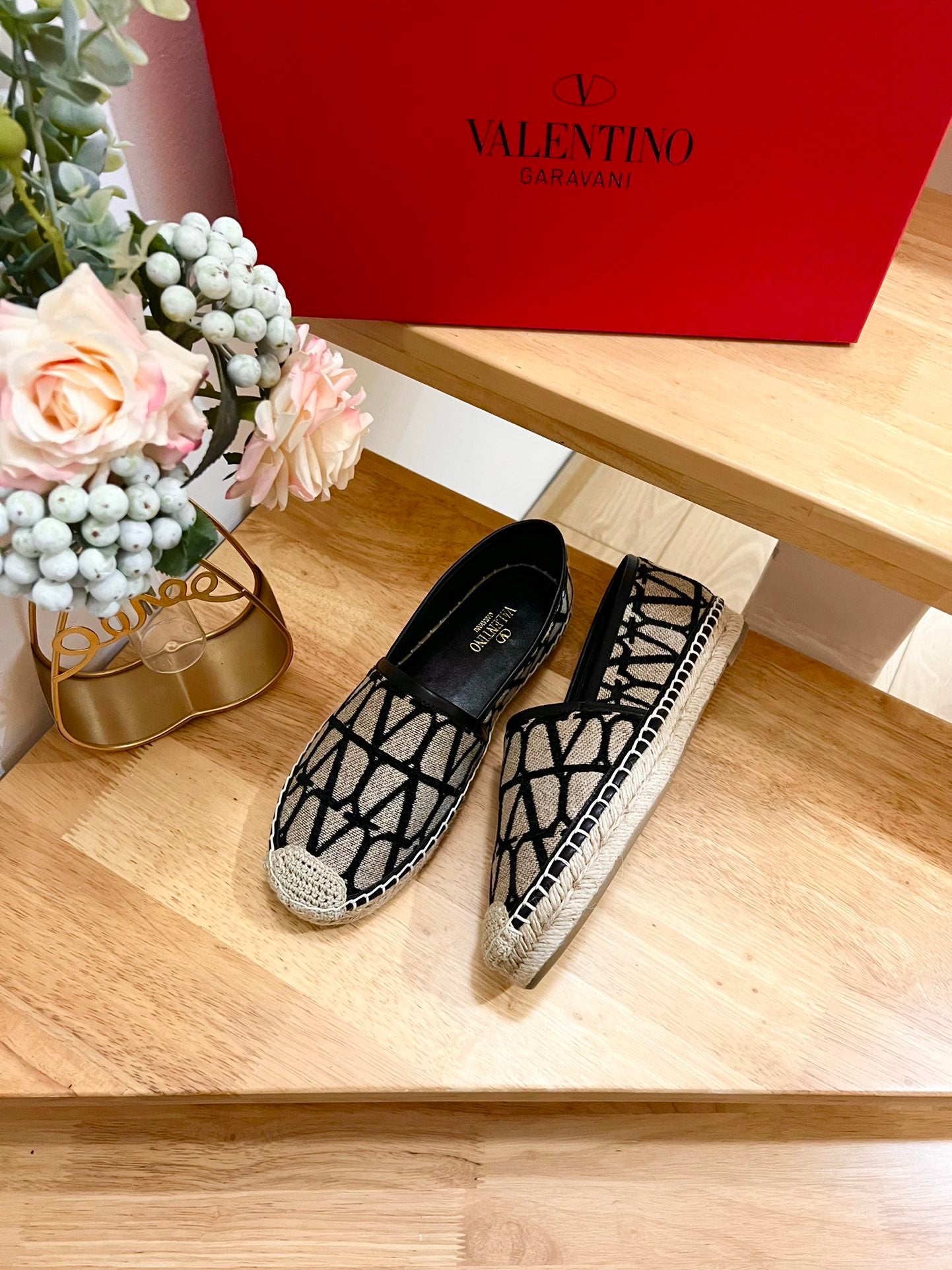 VALENTINO 26S SLIP ON SHOES IN BLACK AND BEIGE JACQUARD CANVAS