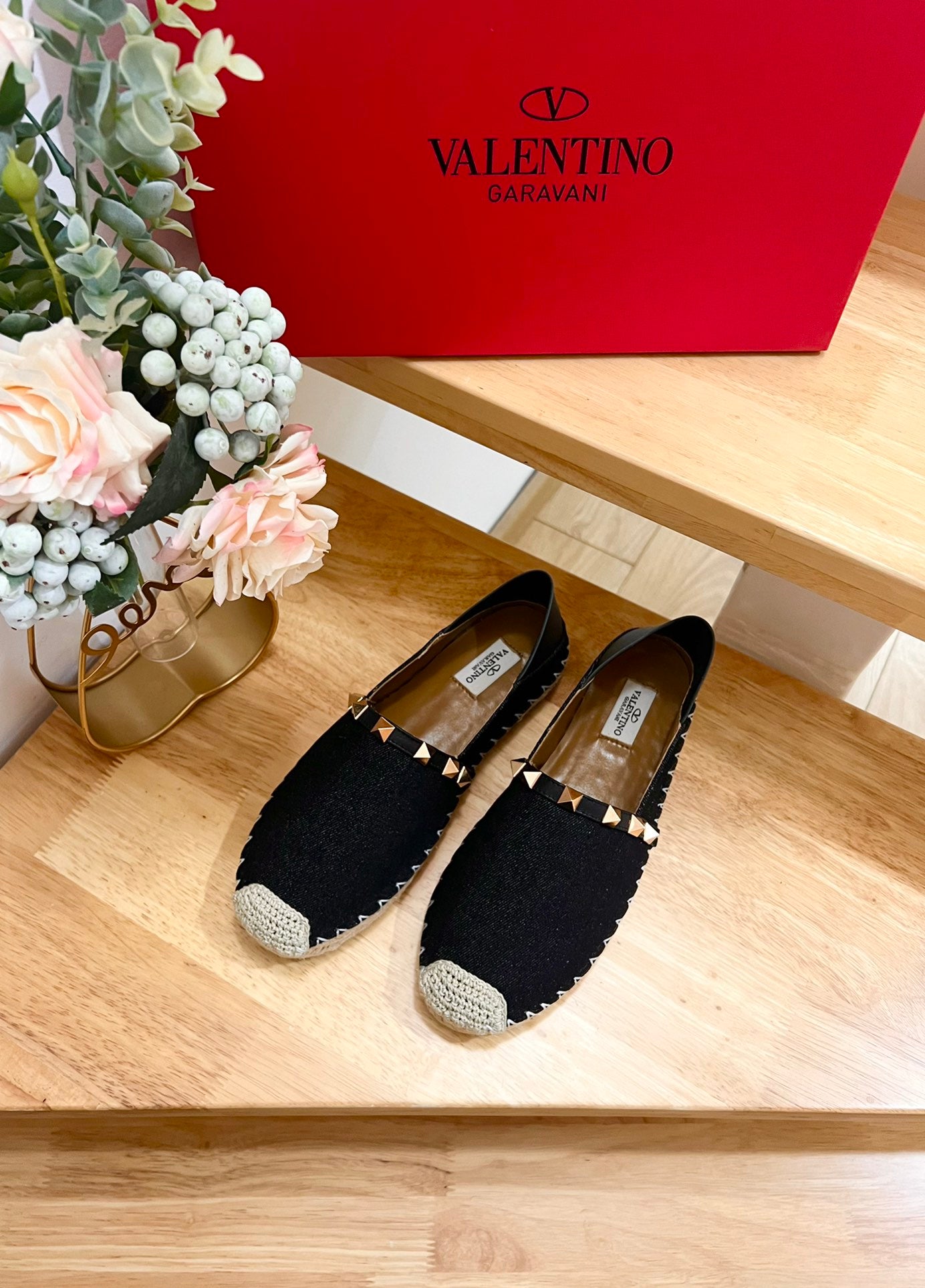 VALENTINO 26S SLIP ON SHOES IN BLACK DENIM WITH ROCKSTUDS