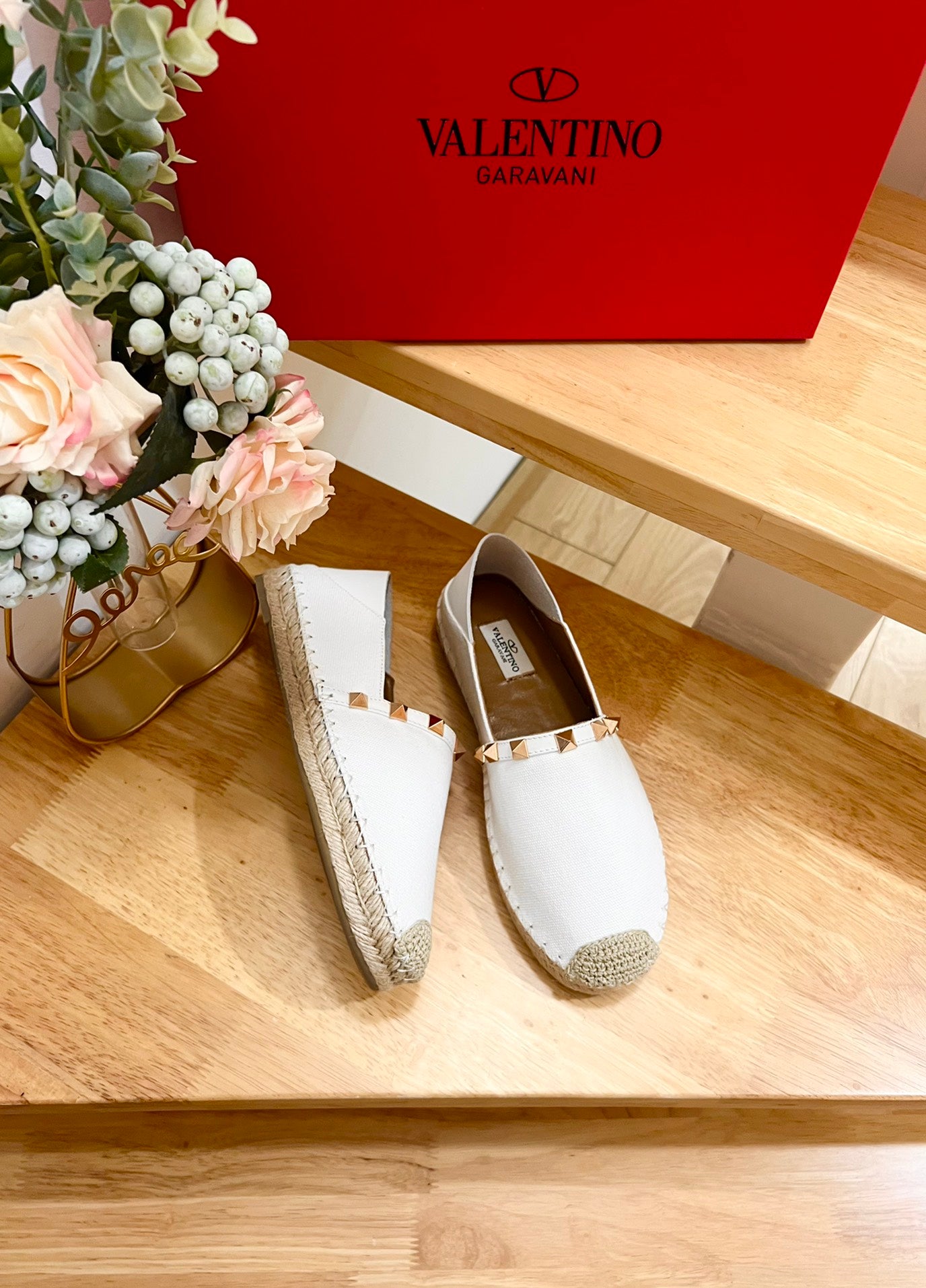 VALENTINO 26S SLIP ON SHOES IN WHITE CANVAS WITH ROCKSTUDS