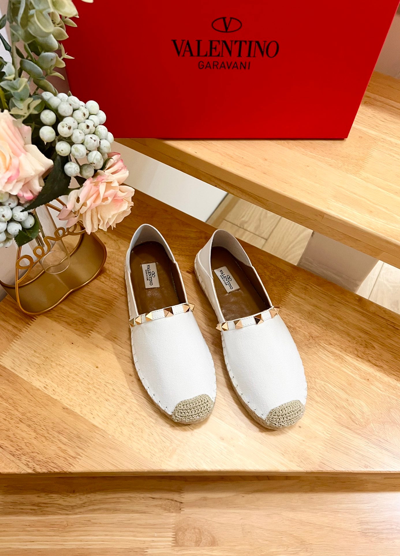 VALENTINO 26S SLIP ON SHOES IN WHITE CANVAS WITH ROCKSTUDS