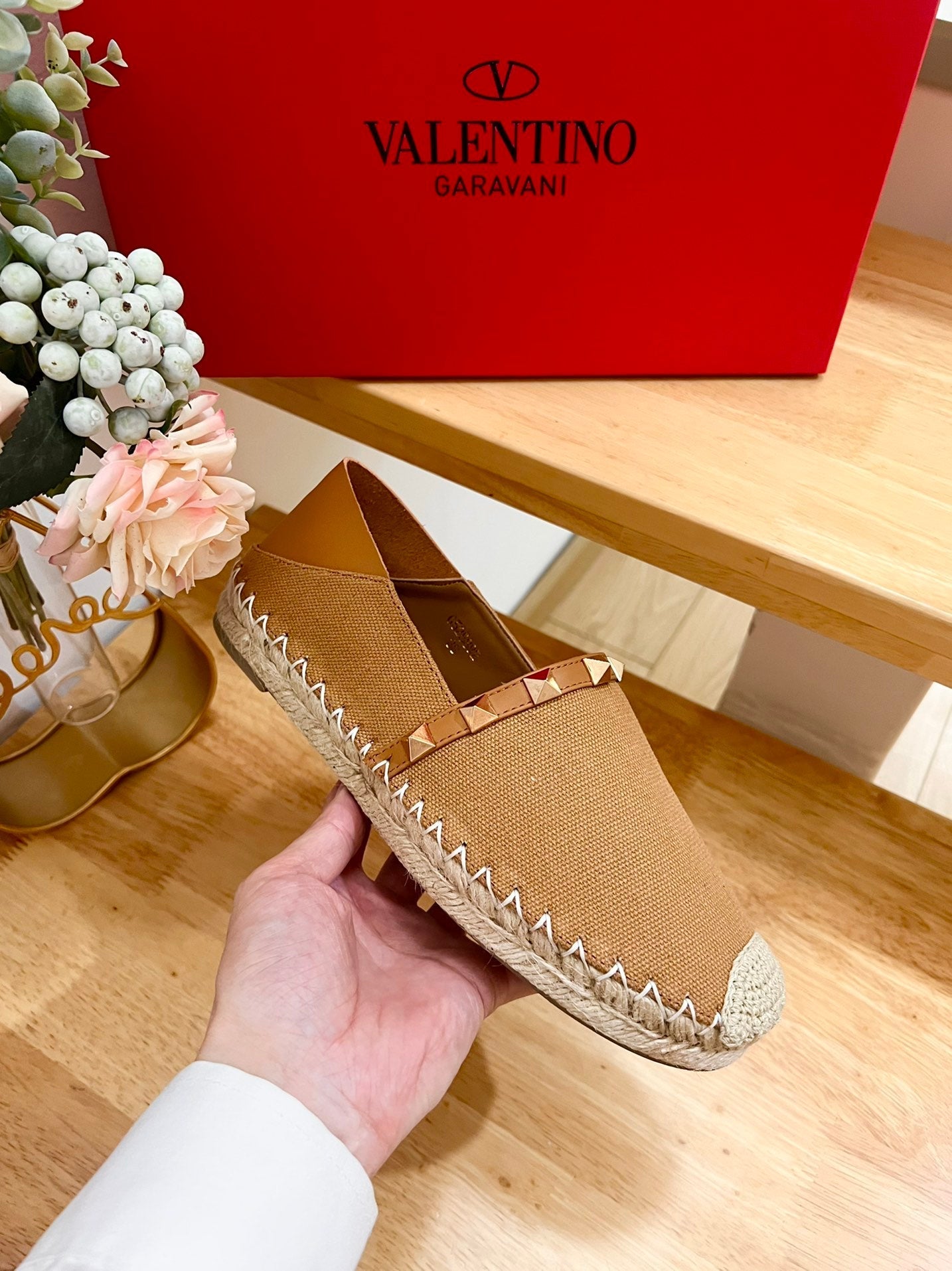 VALENTINO 26S SLIP ON SHOES IN BROWN CANVAS WITH ROCKSTUDS