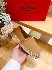 VALENTINO 26S SLIP ON SHOES IN BROWN CANVAS WITH ROCKSTUDS