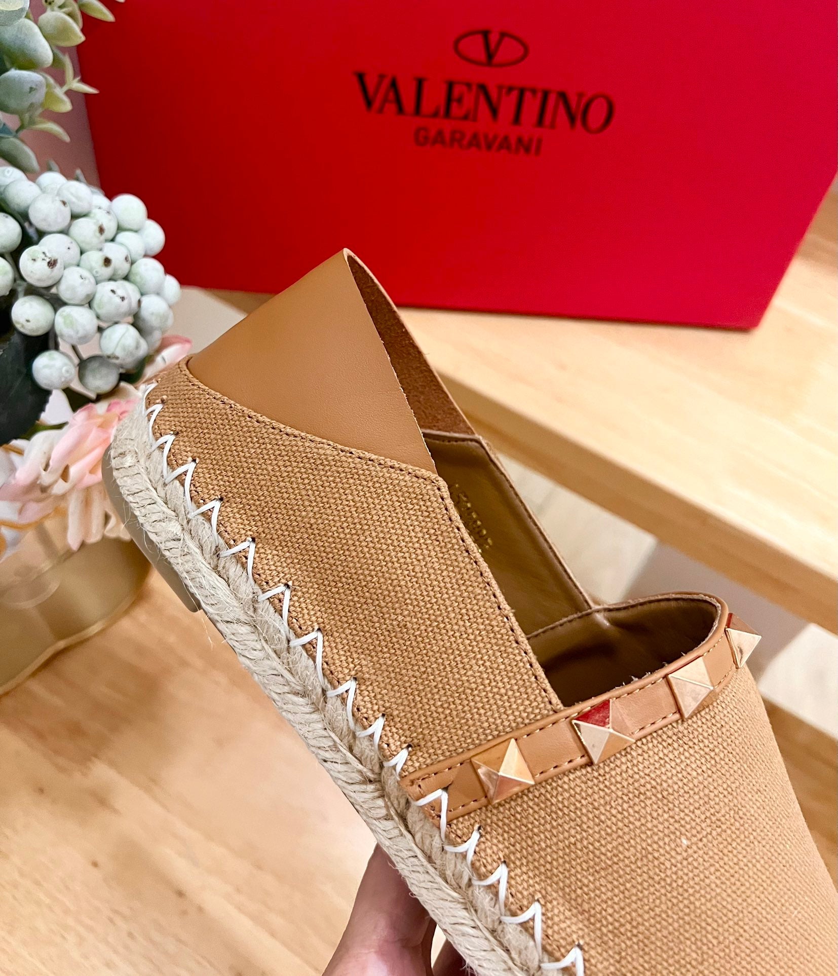 VALENTINO 26S SLIP ON SHOES IN BROWN CANVAS WITH ROCKSTUDS