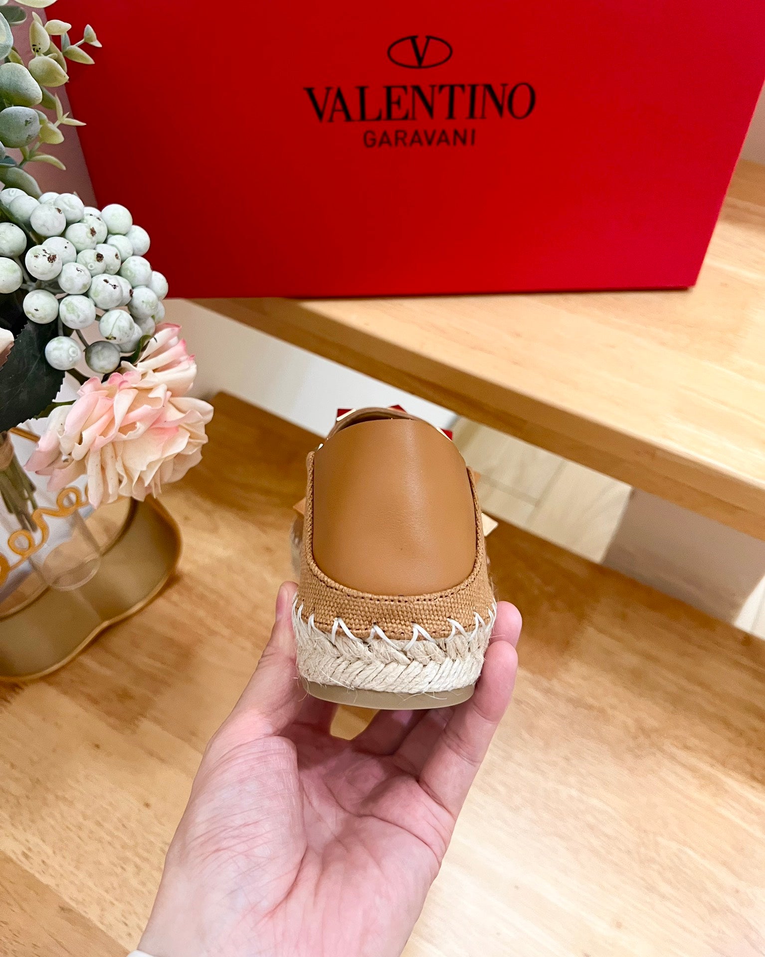 VALENTINO 26S SLIP ON SHOES IN BROWN CANVAS WITH ROCKSTUDS
