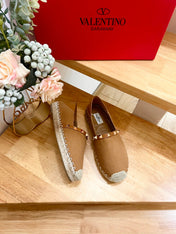 VALENTINO 26S SLIP ON SHOES IN BROWN CANVAS WITH ROCKSTUDS