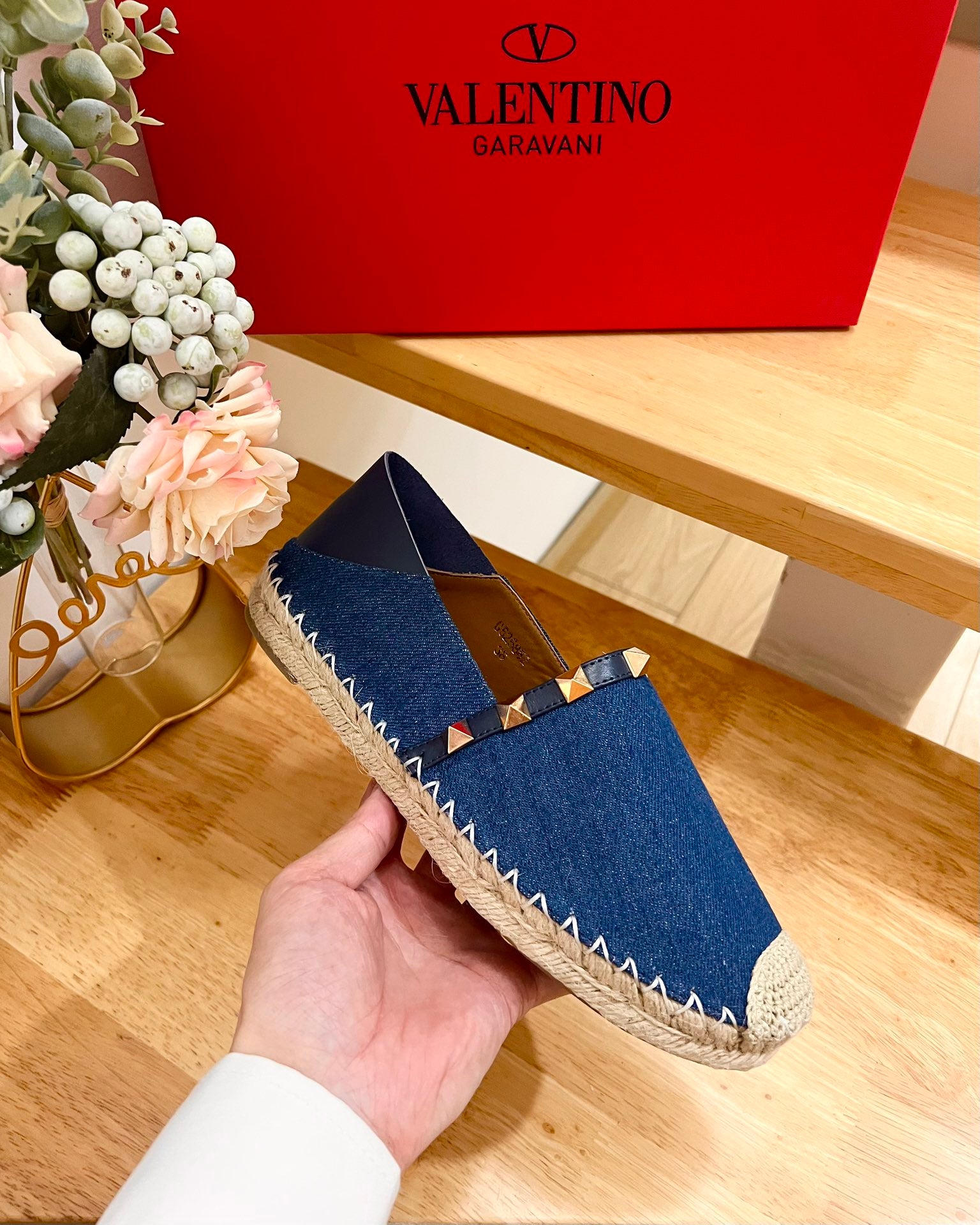 VALENTINO 26S SLIP ON SHOES IN BLUE DENIM WITH ROCKSTUDS