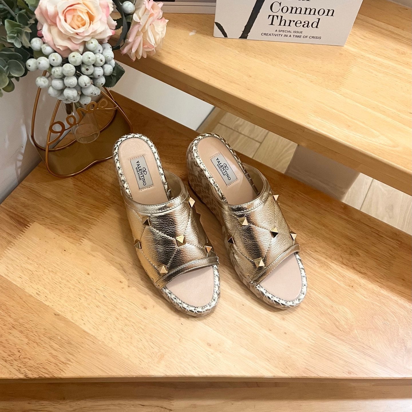 VALENTINO 26S WEDGE SANDALS IN LIGHT GOLD CALFSKIN