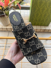GUCCI 26S WEDGE SANDALS 100 MM IN BLACK DENIM