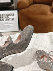 TRÈS VIVIER MARY JANE DOUBLE-STRAP PUMPS IN TAUPE CALFSKIN FULLY EMBELLISHED CRYSTALS