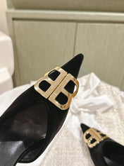 POINTED BB GOLD BUCKLE HIGH MULES IN BLACK VELVET