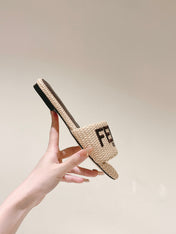 FENDI SIGNATURE MULE SLIDES IN BEIGE FIBRE WITH BROWN EMBROIDERED LOGO