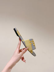 FENDI 26S SLIDE SANDALS IN YELLOW AND GREY CANVAS