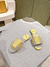 FENDI 26S SLIDE SANDALS IN YELLOW AND GREY CANVAS