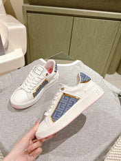 BALMAIN 26S SNEAKERS IN WHITE CALFSKIN AND BLUE CANVAS WITH LIGHT PINK SOLE