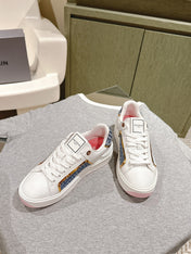 BALMAIN 26S SNEAKERS IN WHITE CALFSKIN AND BLUE CANVAS WITH LIGHT PINK SOLE
