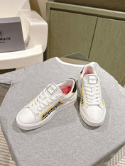 BALMAIN 26S SNEAKERS IN WHITE CALFSKIN AND BEIGE CANVAS