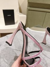 HIGH HEEL MULE 10 CM IN BABY PINK SATIN WITH RHINESTONES