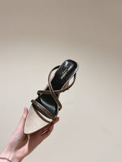 HIGH HEEL MULE 10 CM IN CAMEL BEIGE SATIN WITH RHINESTONES