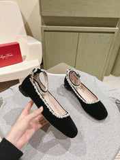 BALLERINAS MARY JANE IN BLACK SUEDE WITH PEARL TRIM