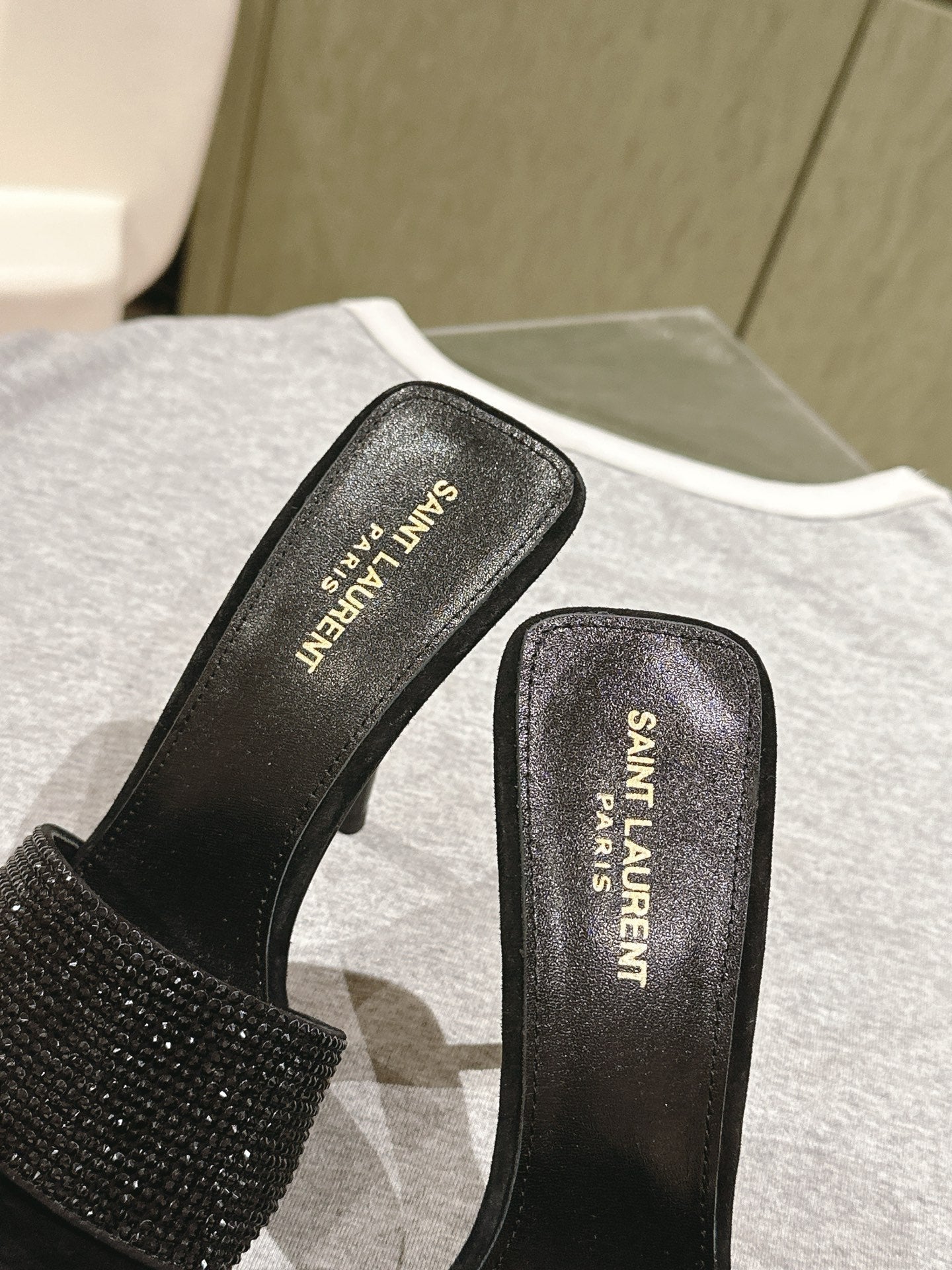 YSL 25S HEELED SANDALS 100 MM IN BLACK LAMBSKIN WITH RHINESTONE-EMBELLISHED STRAP