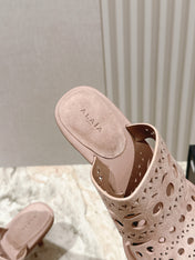 ALAIA HIGH HEEL CHUNKY TWO-STRAP 25S IN PINK BEIGE SUEDE