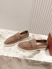 SUMMER WALK LOAFERS BROWN SUEDE WITH GOLD PADLOCK CHARM
