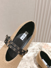 ALAIA MARY JANE 25S IN BEIGE RAFFIA AND BLACK LAMBSKIN WITH SILVER HARDWARE