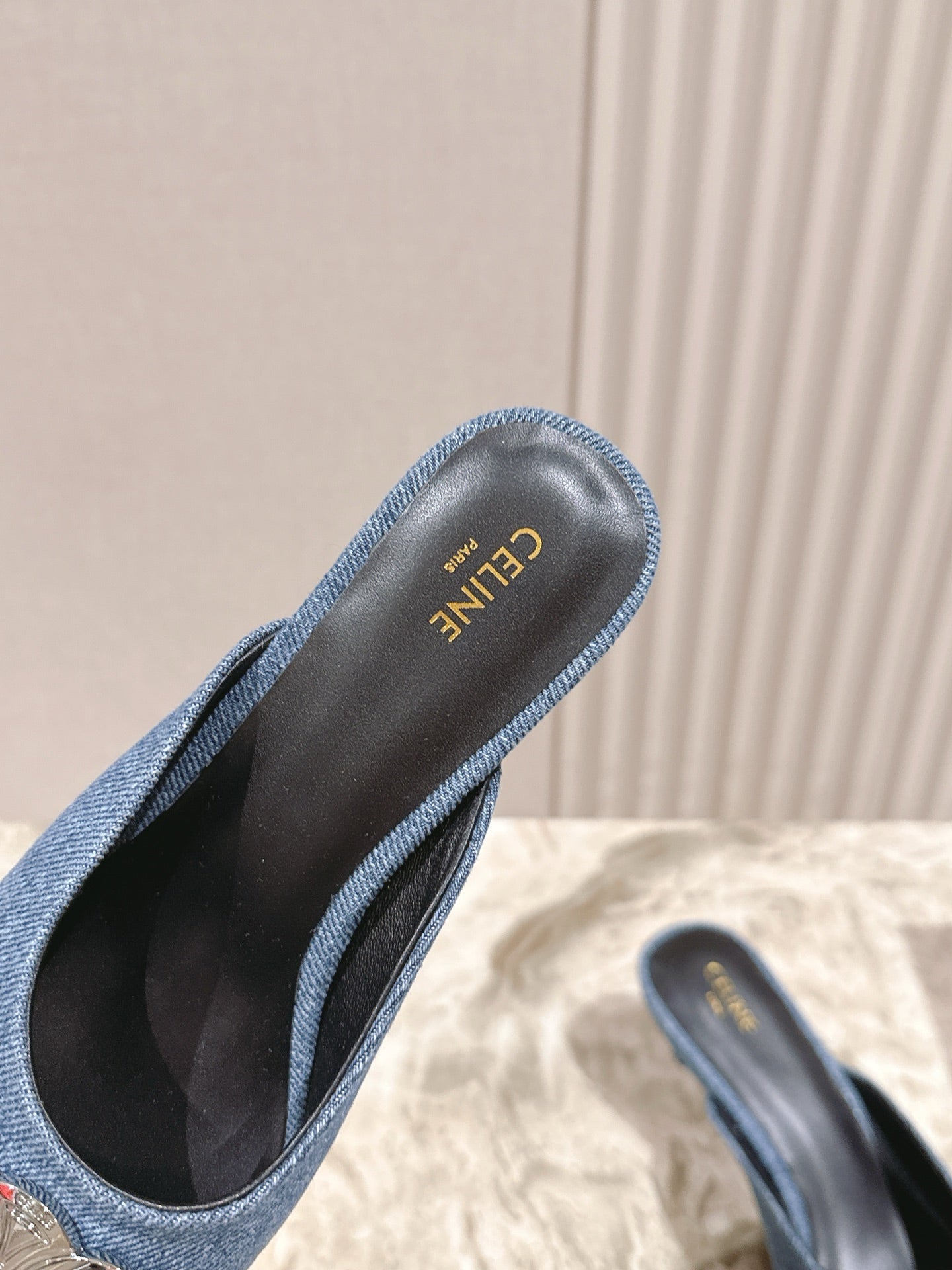CELINE 25S ALMA TRIOMPHE MULE 45MM IN DENIM SILVER HARDWARE