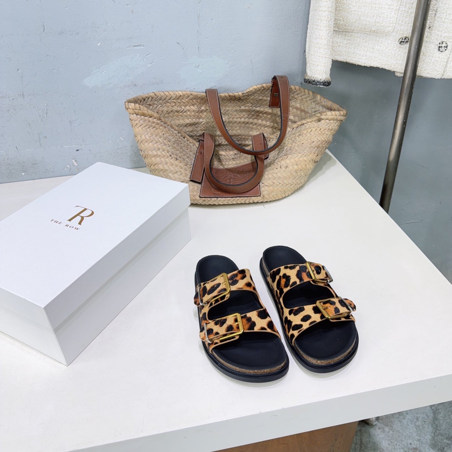 THE ROW 26S DOUBLE STRAP SLIDE SANDALS IN LEOPARD PRINT CALF HAIRCALFSKIN