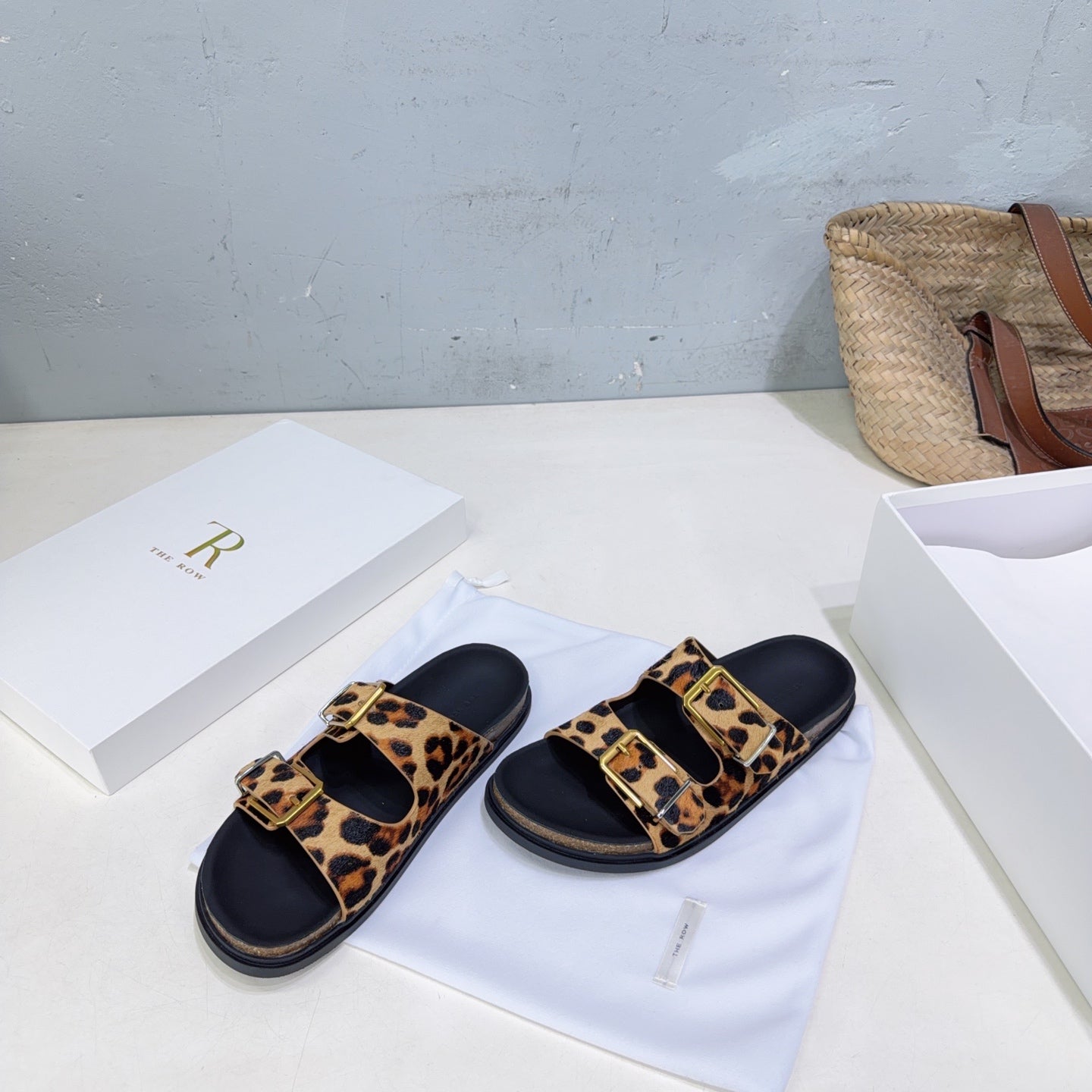 THE ROW 26S DOUBLE STRAP SLIDE SANDALS IN LEOPARD PRINT CALF HAIRCALFSKIN