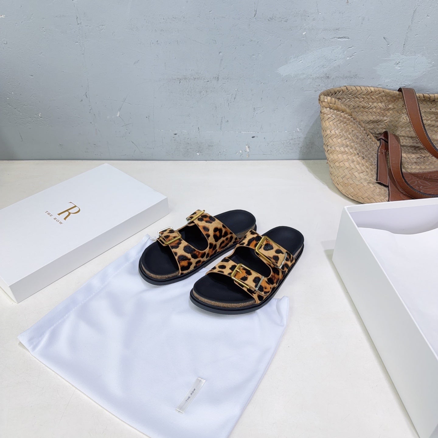 THE ROW 26S DOUBLE STRAP SLIDE SANDALS IN LEOPARD PRINT CALF HAIRCALFSKIN