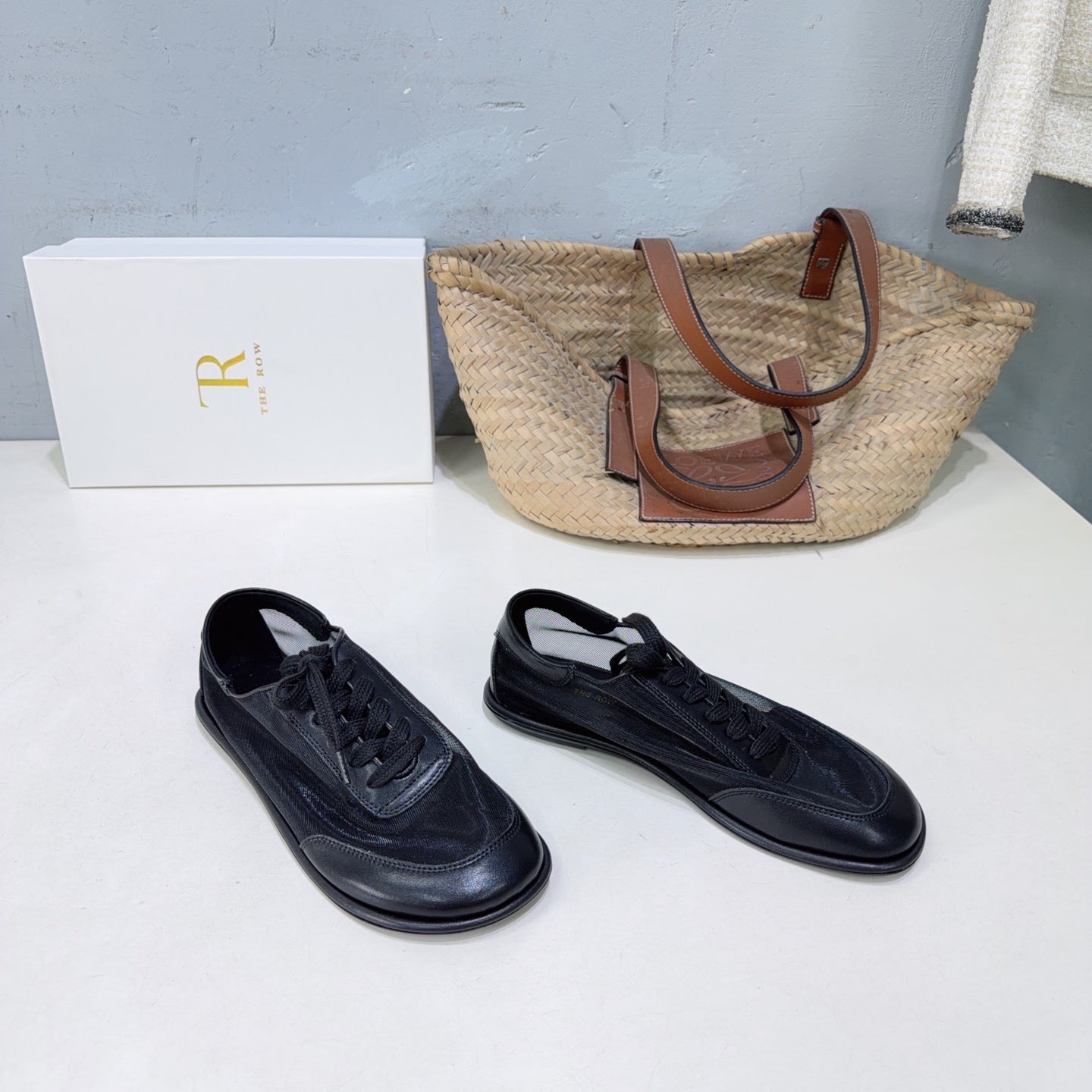 THE ROW 26S LACE UP SNEAKERS IN BLACK CALFSKIN AND MESH