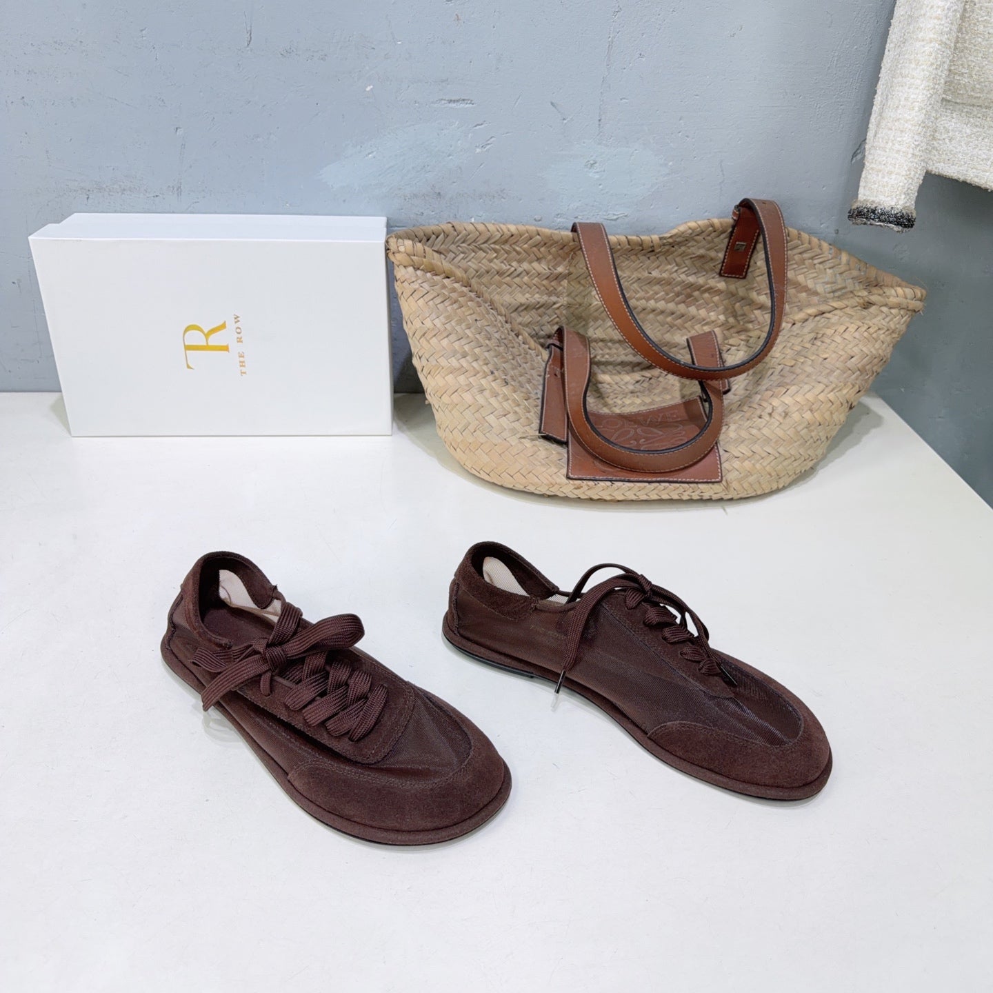 THE ROW 26S LACE UP SNEAKERS IN DARK BROWN SUEDE AND MESH