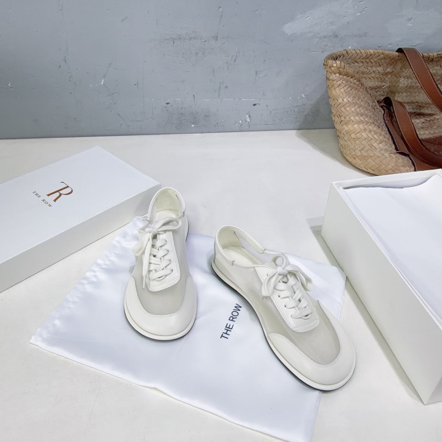 THE ROW 26S LACE UP SNEAKERS IN WHITE CALFSKIN AND MESH