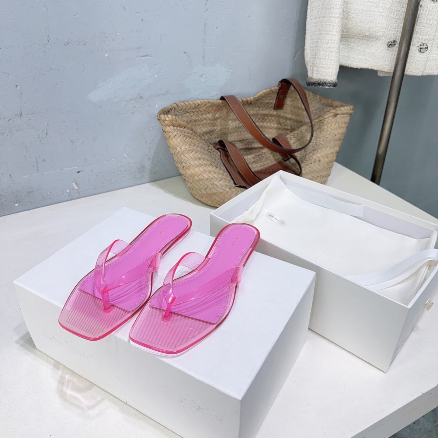 THE ROW 26S SQUARE TOE THONG SANDALS IN TRANSLUCENT PINK PVC WITH SILVER FOOTBED