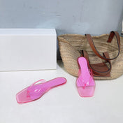THE ROW 26S SQUARE TOE THONG SANDALS IN TRANSLUCENT PINK PVC WITH SILVER FOOTBED