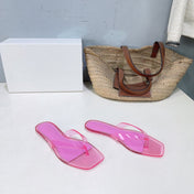 THE ROW 26S SQUARE TOE THONG SANDALS IN TRANSLUCENT PINK PVC WITH SILVER FOOTBED